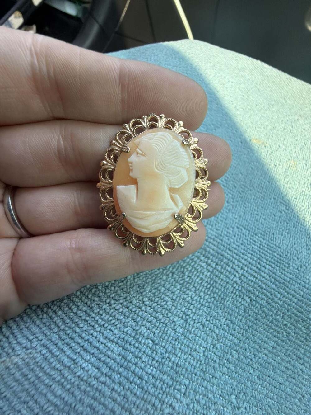 Vintage Left-Facing Carved Shell Cameo Brooch in Gold-Tone Filigree Setting